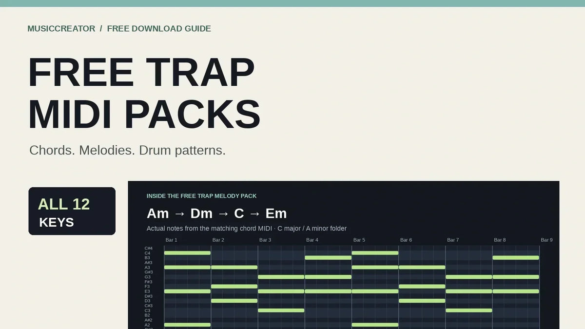 Free Trap MIDI Packs: chords, melodies and drum patterns with a MIDI piano-roll preview