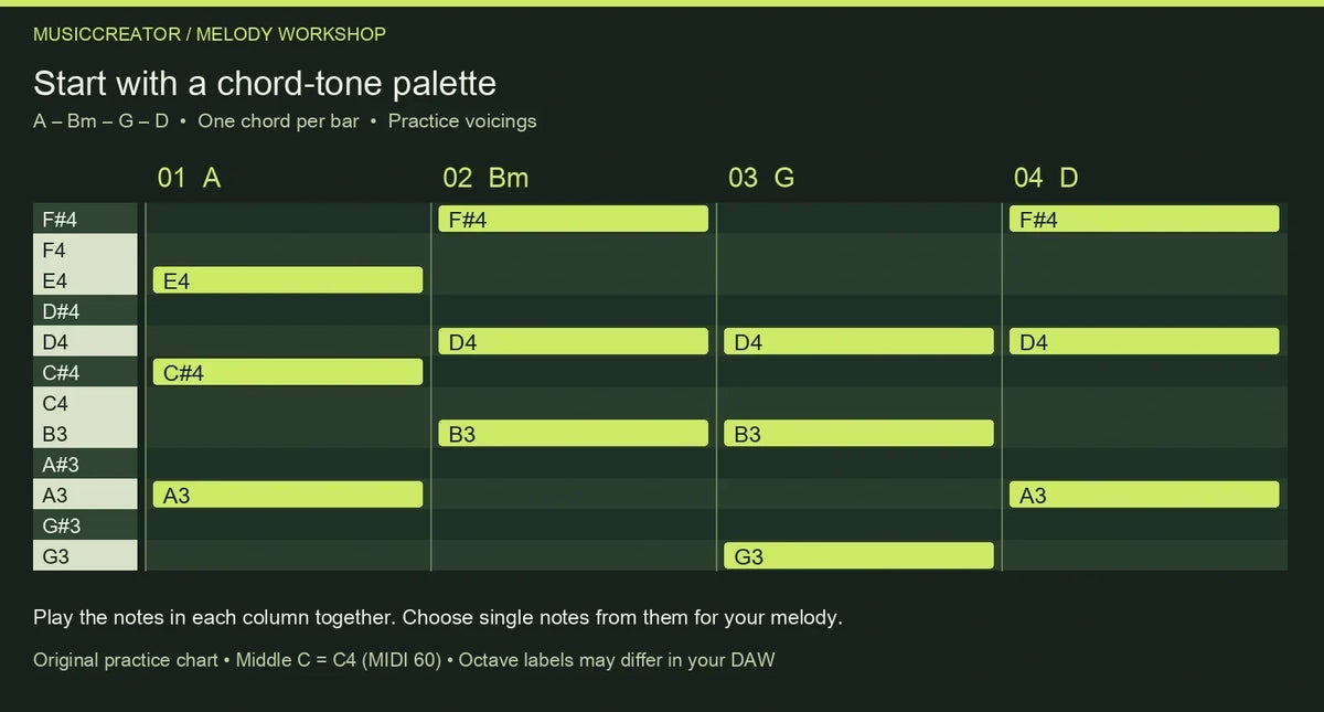 Chord-tone MIDI map for writing a catchy melody
